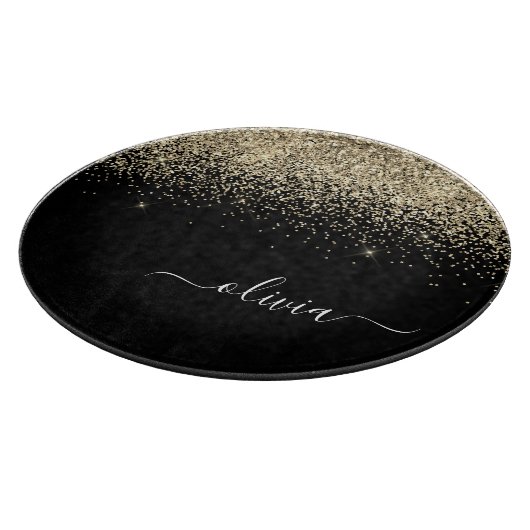 Gold Black Glitter Script Monogram Girly Name Snijplank (Hoek)