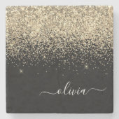 Gold Black Glitter Script Monogram Girly Name Stenen Onderzetter (Voorkant)