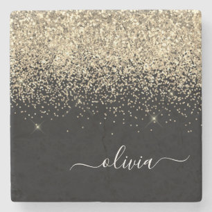 Gold Black Glitter Script Monogram Girly Name Stenen Onderzetter