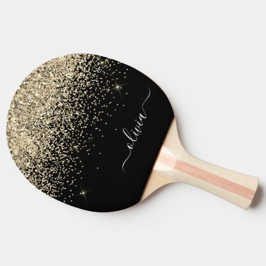Gold Black Glitter Script Monogram Girly Name Tafeltennisbatje (Zijkant)