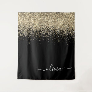 Gold Black Glitter Script Monogram Girly Name Wandkleed