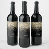 Gold Black Glitter Script Monogram Girly Name Wijn Etiket (Flessen)