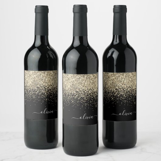Gold Black Glitter Script Monogram Girly Name Wijn Etiket (Flessen)