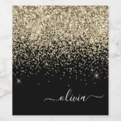 Gold Black Glitter Script Monogram Girly Name Wijn Etiket (Enkel label)