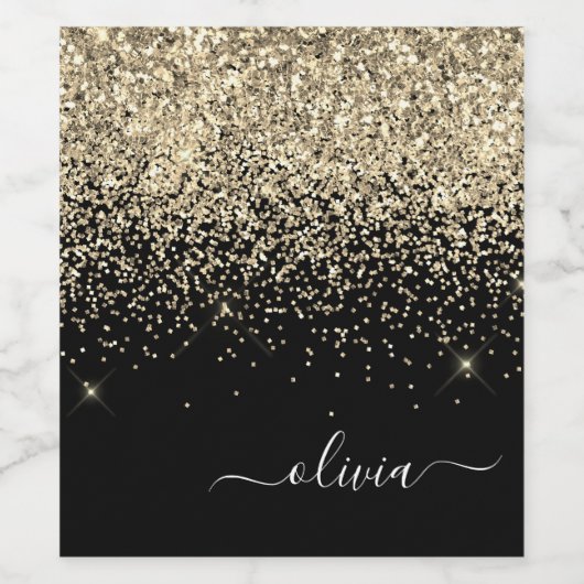 Gold Black Glitter Script Monogram Girly Name Wijn Etiket (Enkel label)