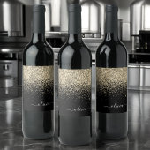 Gold Black Glitter Script Monogram Girly Name Wijn Etiket