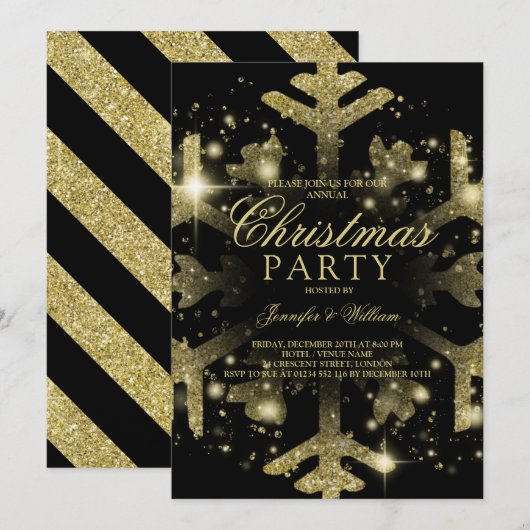 Gold & Black Glitter Snowflake Xmas Holiday Party Kaart (Voorkant / Achterkant)