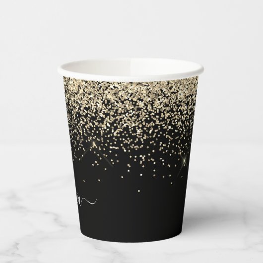 Gold Black Glitter Sparkle Monogram Paper Cups Papieren Bekers (Links)