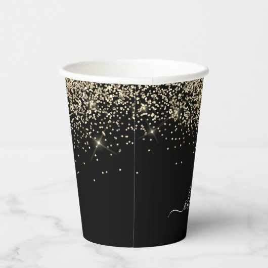 Gold Black Glitter Sparkle Monogram Paper Cups Papieren Bekers (Rechts)