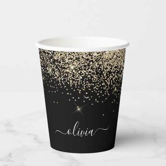 Gold Black Glitter Sparkle Monogram Paper Cups Papieren Bekers (Voorkant)