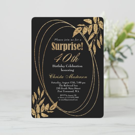 Gold Black Glitter Surprise 40ste verjaardagsfeest Kaart (Staand voorkant)