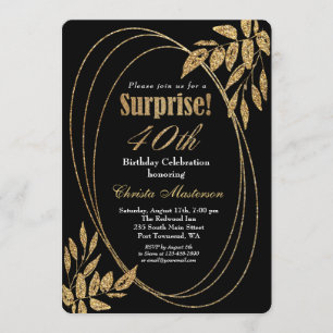 Gold Black Glitter Surprise 40th Birthday Party Kaart