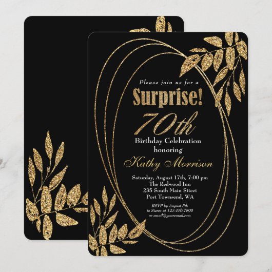 Gold Black Glitter Surprise 70ste verjaardagsfeest Kaart (Voorkant / Achterkant)