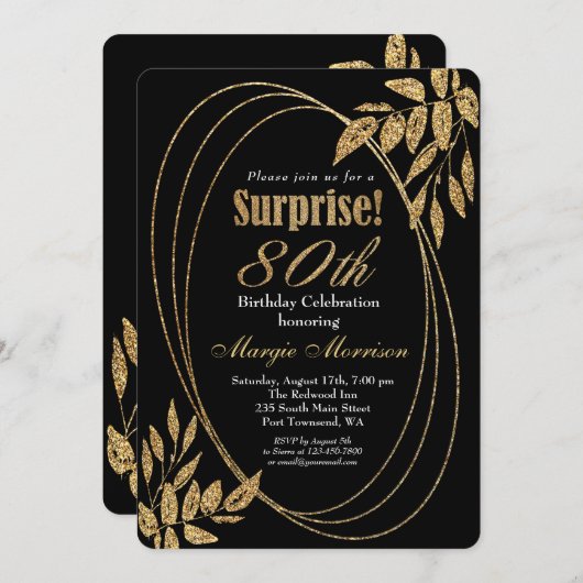 Gold Black Glitter Surprise 80th Birthday Party Kaart (Voorkant / Achterkant)