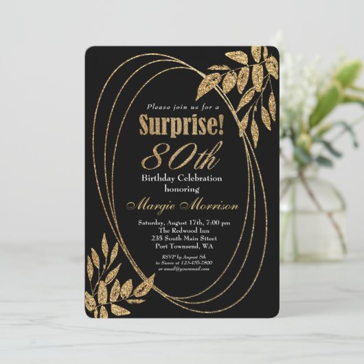 Gold Black Glitter Surprise 80th Birthday Party Kaart (Staand voorkant)