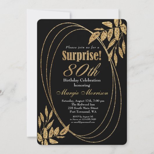 Gold Black Glitter Surprise 80th Birthday Party Kaart (Voorkant)