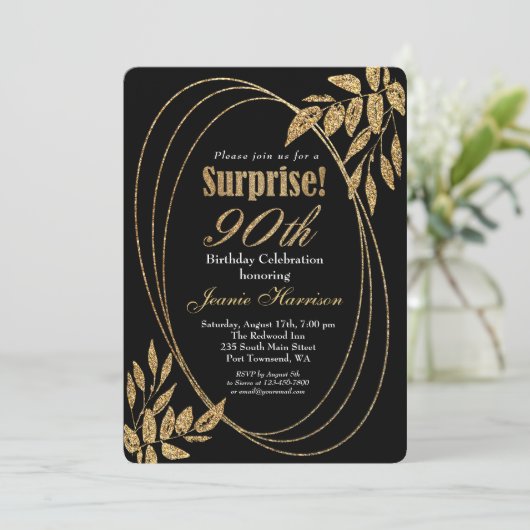 Gold Black Glitter Surprise 90th Birthday Party Kaart (Staand voorkant)