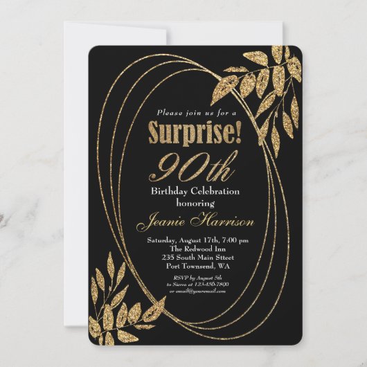 Gold Black Glitter Surprise 90th Birthday Party Kaart (Voorkant)