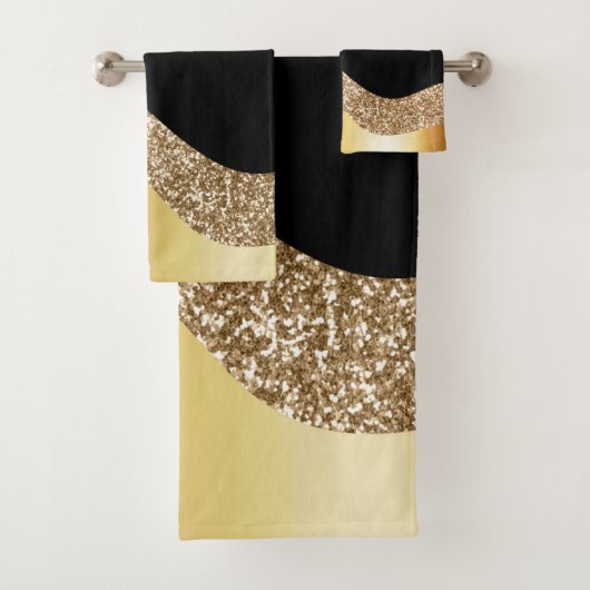 GOLD BLACK GLITTER WAVE BATHROOM TOWEL SET BAD HANDDOEK (Insitu)