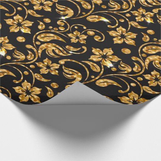 Gold Black Glossy Floral Cadeaupapier (Hoek)