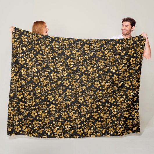 Gold Black Glossy Floral Fleece Deken (In situ)