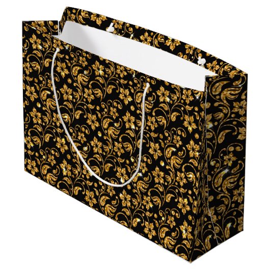 Gold Black Glossy Floral Groot Cadeauzakje (Achterkant Gekanteld)