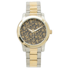 Gold Black Glossy Floral Horloge
