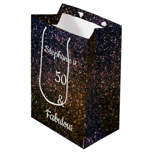 Gold Black Golden Glitter 50 en verbluffende verja Medium Cadeauzakje (Voorkant Gekanteld)