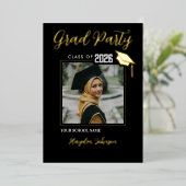 Gold & Black Graduation Party Folie Uitnodiging (Staand Voorkant)