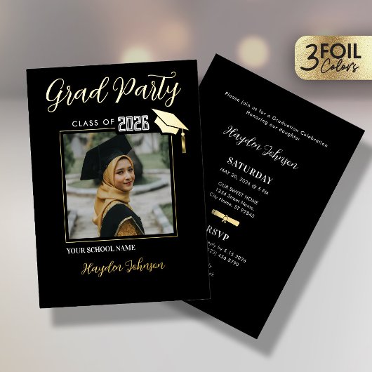 Gold & Black Graduation Party Folie Uitnodiging