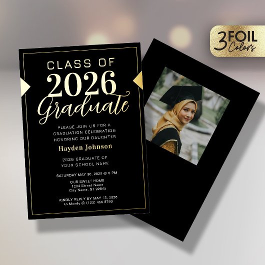 Gold & Black Graduation Party Folie Uitnodiging