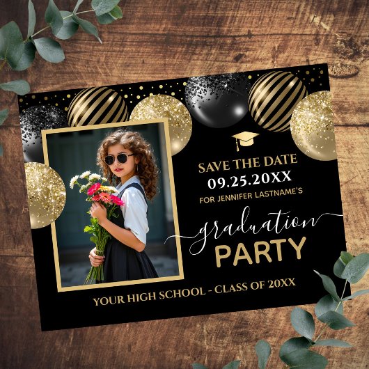 Gold Black Graduation Party Foto Bewaar de datum Briefkaart