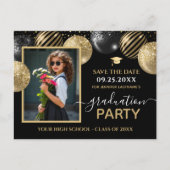 Gold Black Graduation Party Foto Bewaar de datum Briefkaart (Voorkant)