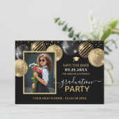Gold Black Graduation Party Foto Bewaar de datum Kaart (Staand voorkant)