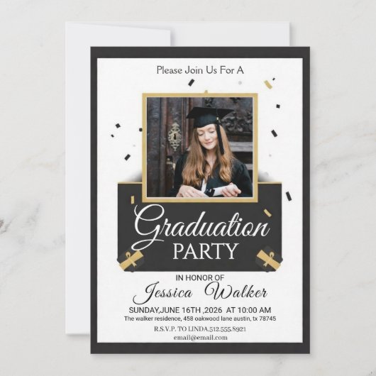 Gold Black Graduation Party Invitation Kaart (Voorkant)