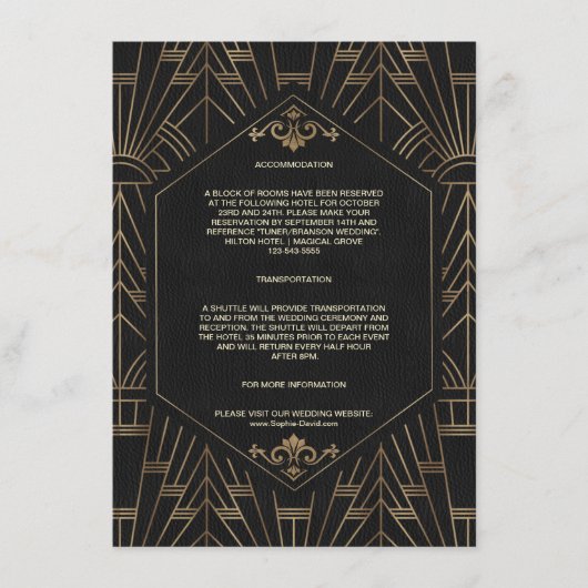 Gold Black Great Gatsby 20s Trouwaccommodatie Informatiekaartje (Voorkant)