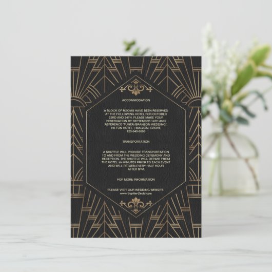 Gold Black Great Gatsby 20s Trouwaccommodatie Informatiekaartje (Staand voorkant)