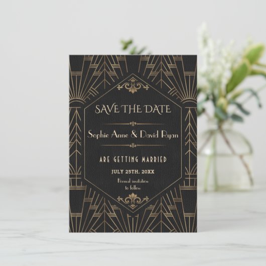 Gold Black Great Gatsby 20s Wedding Save the Date Kaart (Staand voorkant)