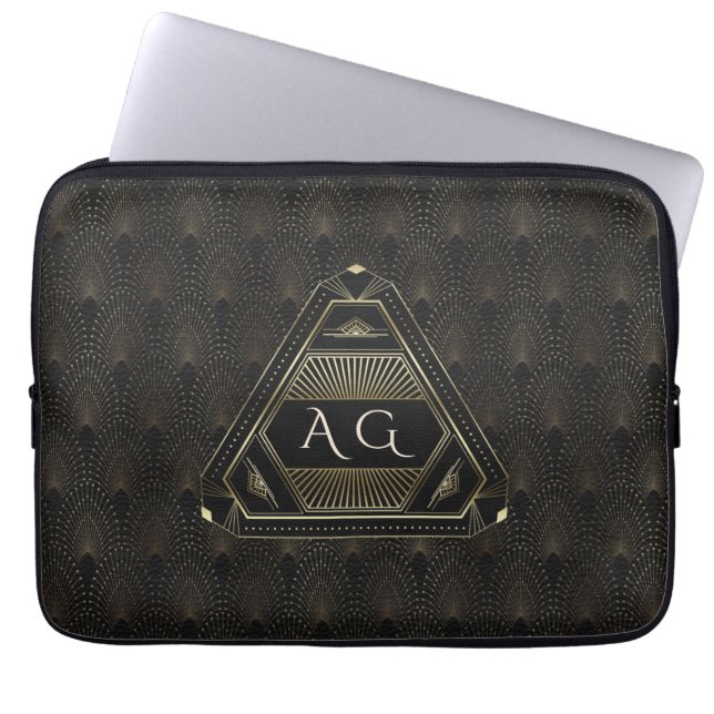 Gold Black Great Gatsby Art Deco 20s Monogram Laptop Sleeve (Voorkant)