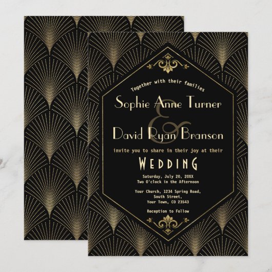 Gold Black Great Gatsby  Art Deco Wedding Kaart (Voorkant / Achterkant)