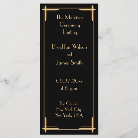 Gold Black Great Gatsby Art Deco Wedding Programma Programmakaart (Voorkant)