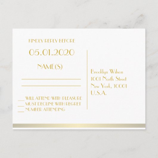 Gold Black Great Gatsby Wedding RSVP-Briefkaarten Uitnodiging Briefkaart (Achterkant)