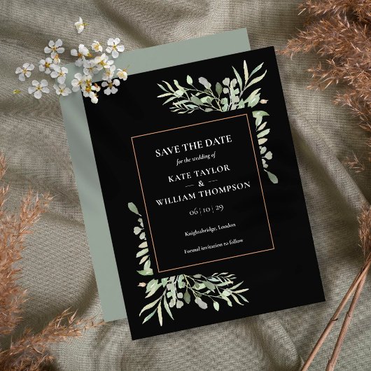 Gold Black Greenery Leaves Wedding Save the Date Uitnodiging Briefkaart