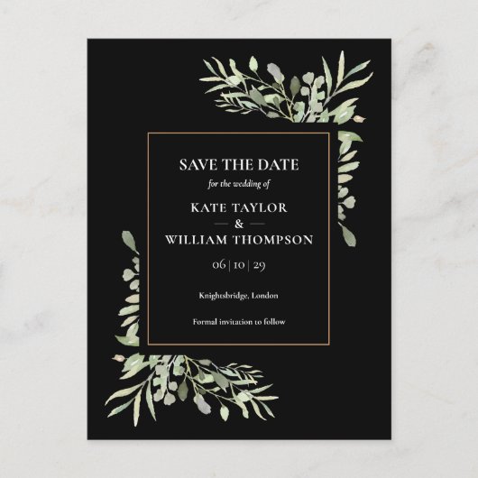 Gold Black Greenery Leaves Wedding Save the Date Uitnodiging Briefkaart (Voorkant)