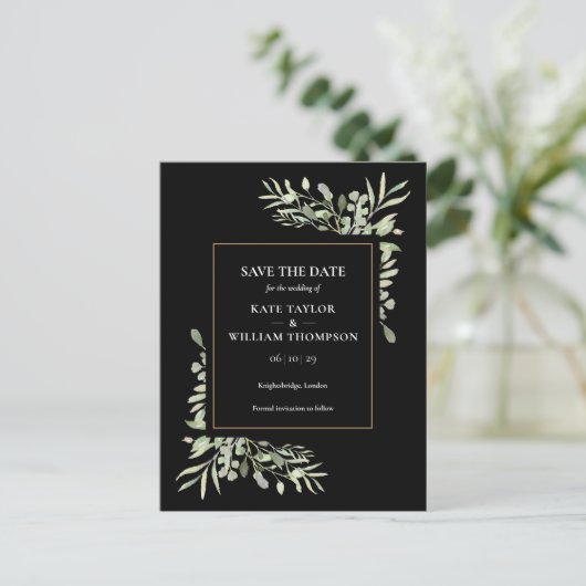 Gold Black Greenery Leaves Wedding Save the Date Uitnodiging Briefkaart (Staand voorkant)