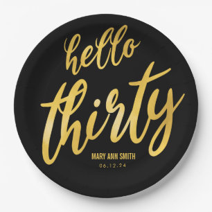Gold Black "Hallo Thirty" Birthday met naam Papieren Bordje