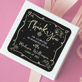 Gold Black Hand Drawn Doodles Graduation Thank You Vierkante Sticker
