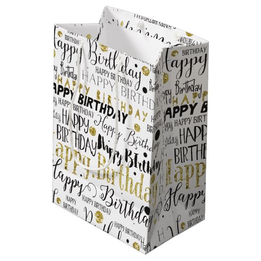 Gold Black Happy Birthday Confetti Medium Cadeauzakje (Achterkant Gekanteld)