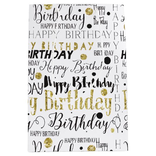 Gold Black Happy Birthday Confetti Medium Cadeauzakje (Voorkant)