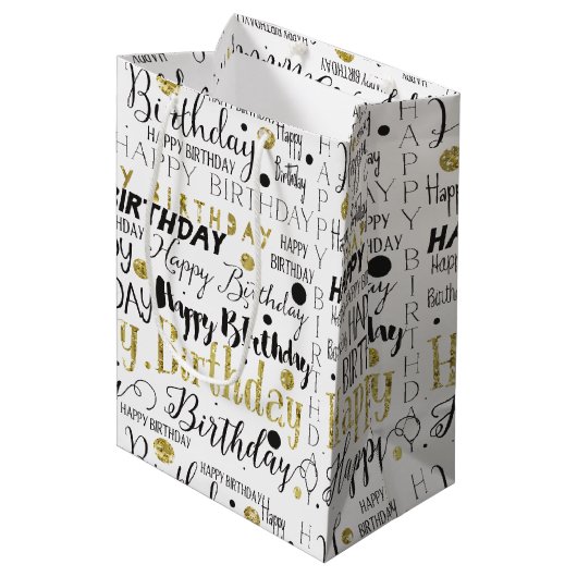 Gold Black Happy Birthday Confetti Medium Cadeauzakje (Voorkant Gekanteld)